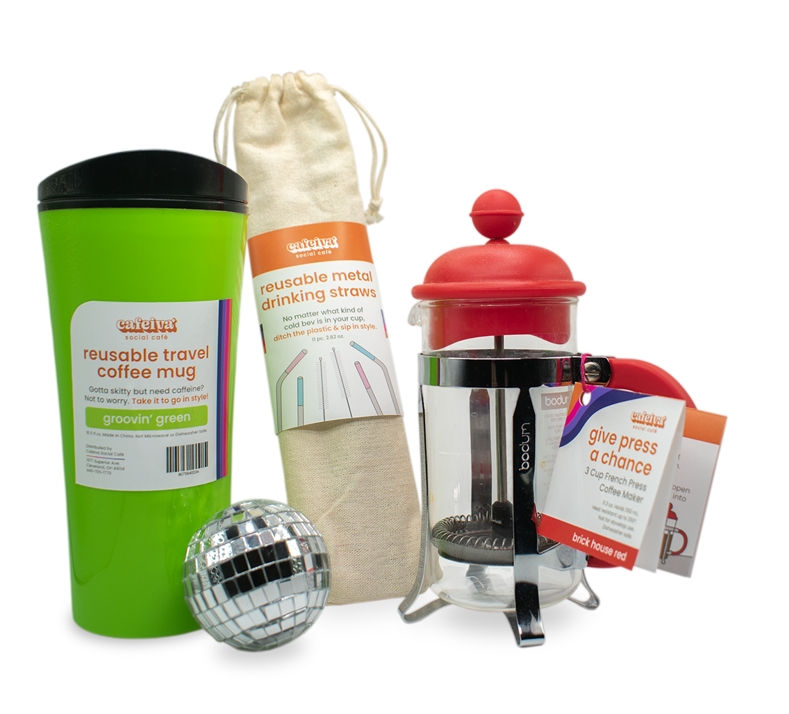 Cafeiva travel mug, reusable straws, and french press with branded packaging.