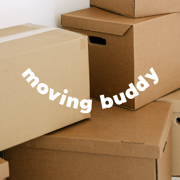Moving Buddy logo over photo of stacked cardboard boxes.