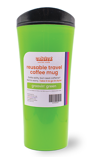 Cafeiva travel coffee mug with custom designed label.