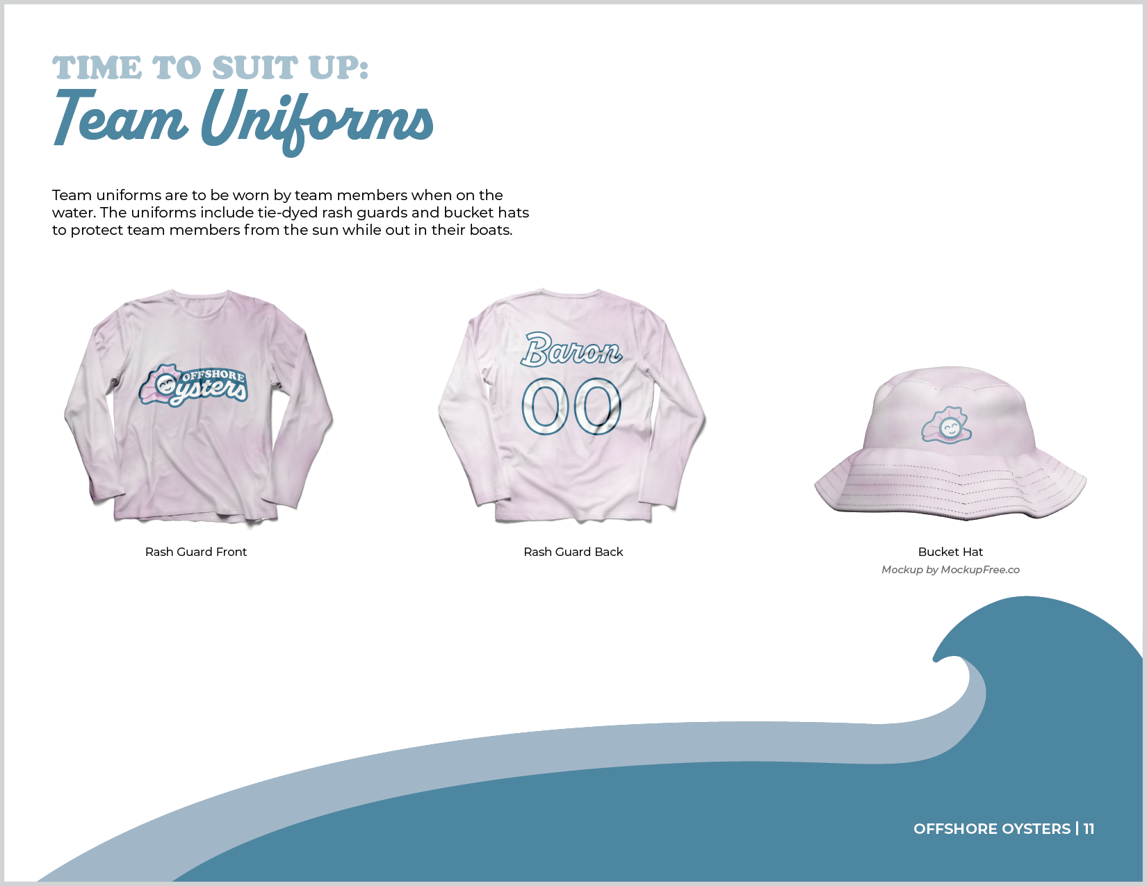 Offshore Oysters brand guideline team uniforms.
