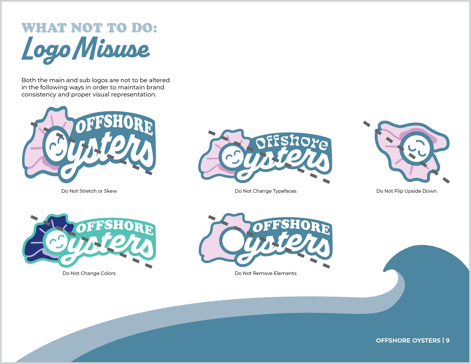 Offshore Oysters brand guideline logo misuse.