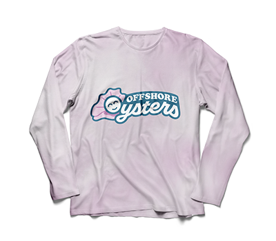 Pink tie dye rashguard with Offshore Oysters logo.
