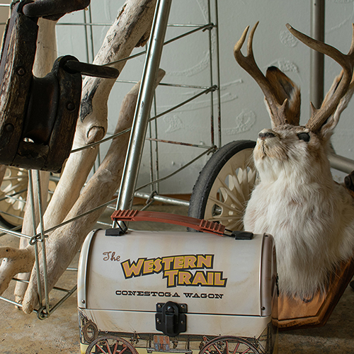 Antique Western Trail lunchbox in front of decorative items. Product photography for Relic Vintage.