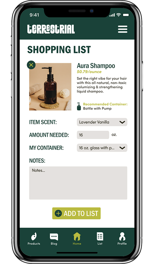 Terrestrial App Add to Shopping List Screen Design