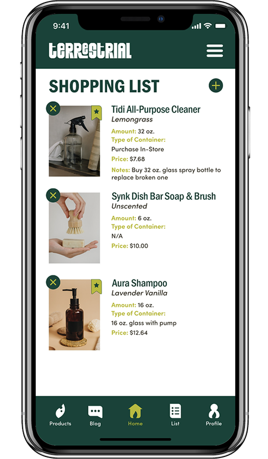 Terrestrial App Shopping List Screen Design