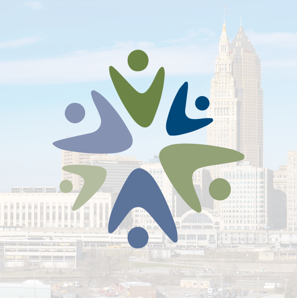 Collaborative to End Human Trafficking symbol over Cleveland skyline.