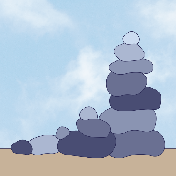 Rock cairn illustration with a cloudy blue sky in the background.