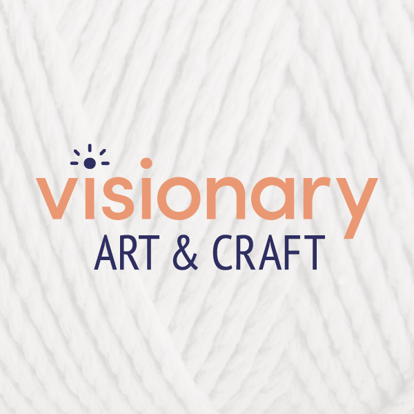 Visionary Art & Craft logo on faded yarn background.