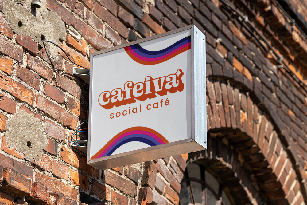 Sign outside of Cafeiva with logo and wavy colored lines.