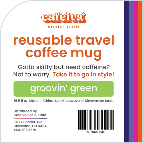 Cafeiva travel coffee mug label design.