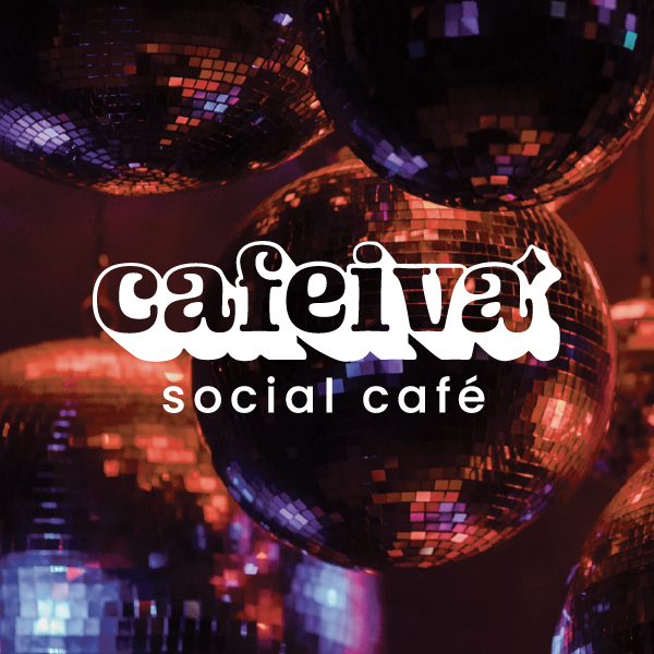 Cafeiva logo on front page of brochure with disco balls and colored wavy lines in the background.